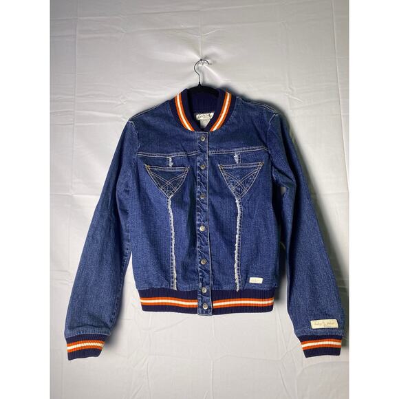 Vintage Baby Phat Jean Denim Button Snap Varsity Bomber Jacket Women's Medium - Picture 1 of 3